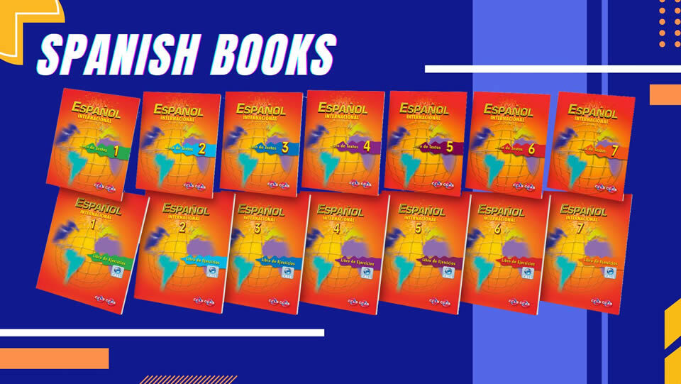 Spanish books. Image description: several red and orange spanish book covers, with a deep blue background.